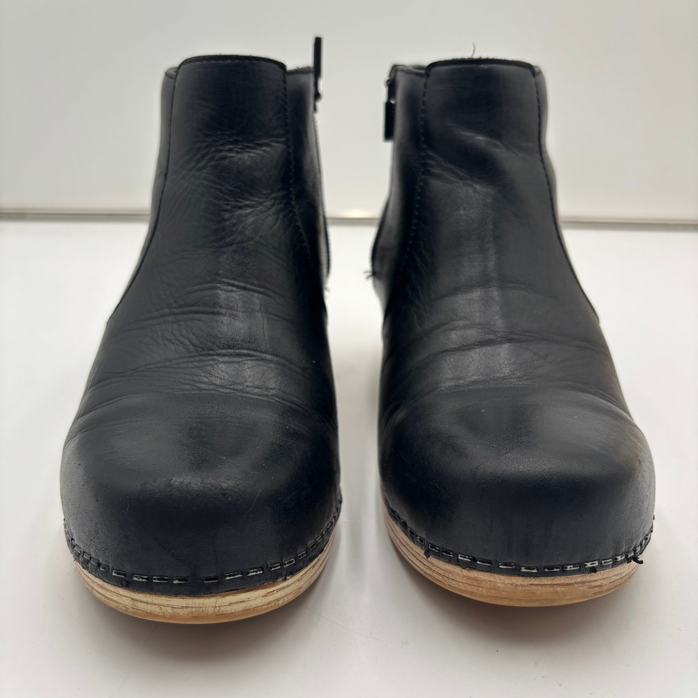 Dansko Maria Womens 38 Black Leather Ankle Boots Side Zip Clog Heel Shoes - Picture 8 of 13